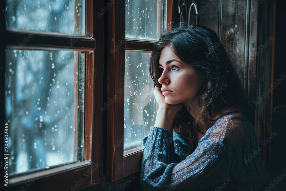 Depressed Woman Longing For Solace At Windowsill Depressed Woman Longing For Solace At Windowsill