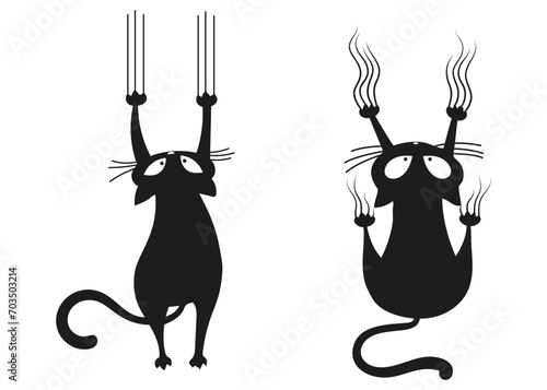 funny black cat hanging on the wall feline black silhouette illustration isolated on white background