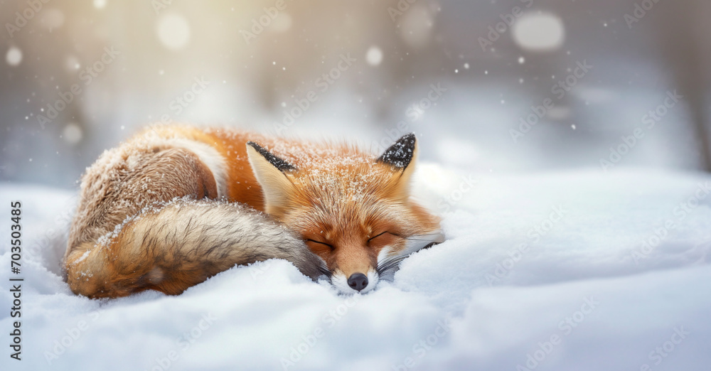 Fototapeta premium Arctic Dreamland, Captivating Vulpes Vulpes, the Red Fox Vixen, Enjoying a Calm Winter Nap in the Fresh White Snow During Winter.