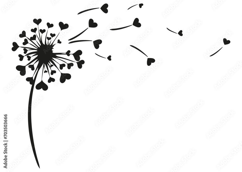 Dandelion flower with hearts love concept isolated on white background - obrazy, fototapety, plakaty 