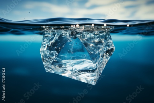 A melting piece of ice is immersed in crystal clear water. The photo is related to global warming, a thaw leading to melting glaciers and rising sea levels.