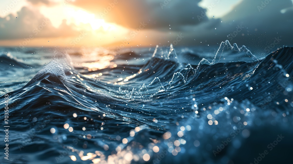 rising stock market graph superimposed on a backdrop of ocean water droplets, symbolizing growth in the water-related investment sector. - obrazy, fototapety, plakaty 