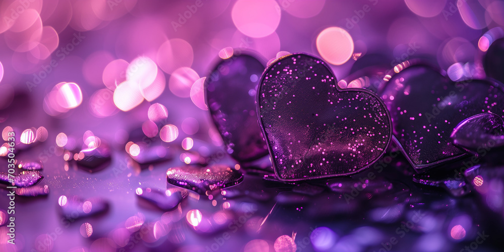 purple background texture with tiny christals on the glass, love background, heart shapes for valentines day background. Bokeh abstract lights background