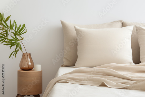 Modern house interior details. Simple cozy beige bedroom interior with bed headboard, linen bedding, bedside table and natural decorations, closeup. Generative AI photo