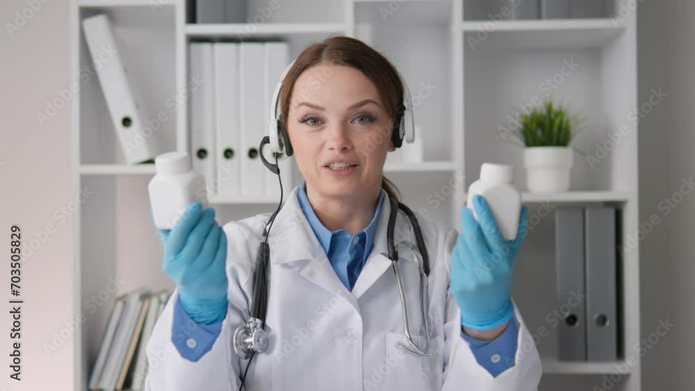 A medical specialist provides advice and support via video call, providing convenient and efficient access to medical advice. A woman doctor demonstrates medicines, shows and tells A medical specialist provides advice and support via video call, providing convenient and efficient access to medical advice. A woman doctor demonstrates medicines, shows and tells