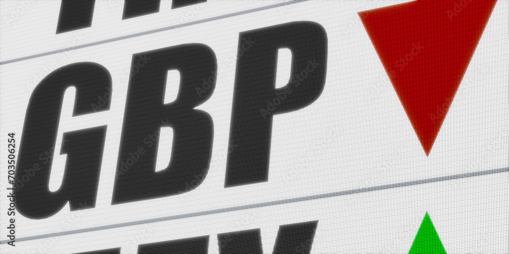 British pound currency symbol and red arrow, falling GBP. Currency exchange, trading, global business. British pound currency symbol and red arrow, falling GBP. Currency exchange, trading, global business.