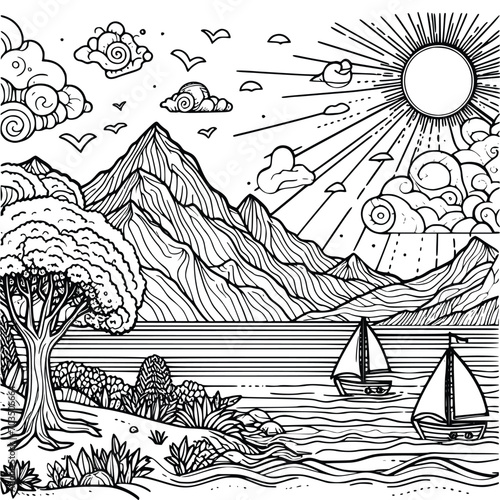 panorama  coloring book black and white outline line art. environment vector drawing