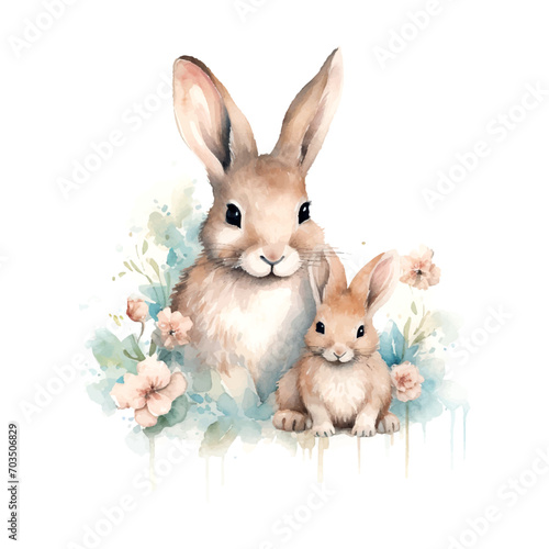 watercolor bunny mother and baby ,on white background, Mother's day