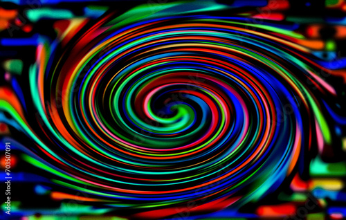 Rainbow lines curl into a spiral on a black background. Abstract joyful background. Illustration.