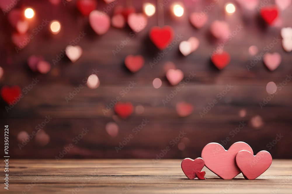 a wooden table with red and pink hearts on an abstract background with a blurred side in the form of red hearts. Web banner advertising of the concept of Valentine's Day or birthday a wooden table with red and pink hearts on an abstract background with a blurred side in the form of red hearts. Web banner advertising of the concept of Valentine's Day or birthday