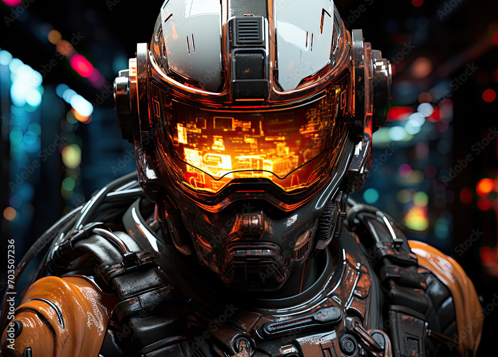 Fototapeta premium Futuristic Cyborg Helmet Close-up. Image created with AI.