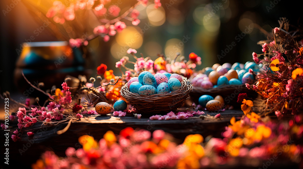 Easter colorful eggs in a nest among flowering twigs. Nest with eggs on a wooden table. Happy Easter. Decorating eggs for the holiday