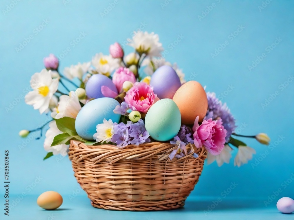 A vibrant view photo captures the Easter celebration concept with colorful eggs, small baskets, flowers, and copy space for Easter Sunday greetings A vibrant view photo captures the Easter celebration concept with colorful eggs, small baskets, flowers, and copy space for Easter Sunday greetings