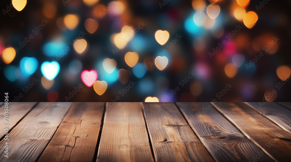 Empty wooden table on Christmas or Valentine's heart bokeh light background
Empty wooden table on Christmas or Valentine's heart bokeh light background
