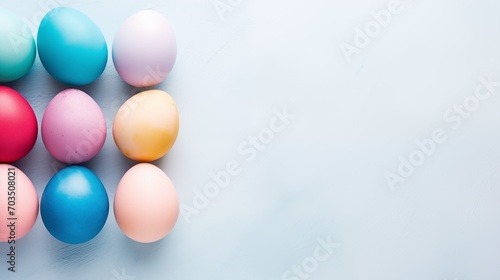 Easter eggs painted in nice pastel colors, flat lay composition, soft natural lighting, pastel background, space for text, banner