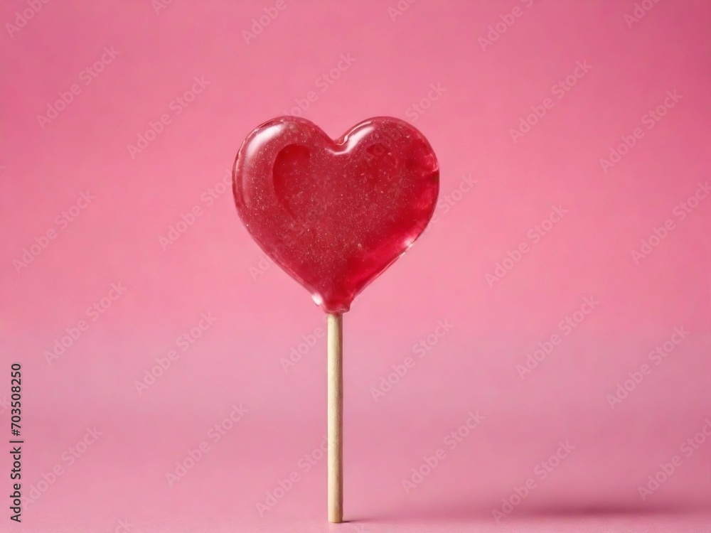 A delightful image captures a heart-shaped candy on a stick against a pink background, creating a sweet and romantic scene perfect for Valentine's Day celebration.
