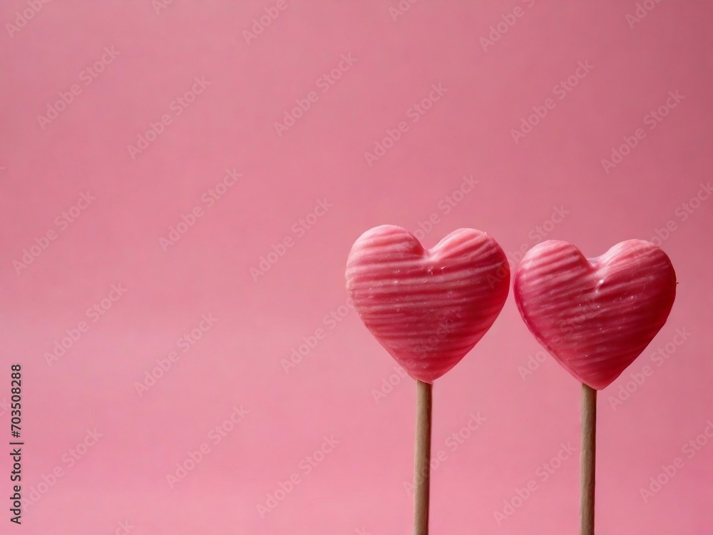  A delightful image captures a heart-shaped candy on a stick against a pink background, creating a sweet and romantic scene perfect for Valentine's Day celebration.