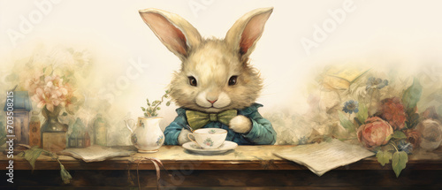 Gentleman Rabbit Enjoying a Quaint Afternoon Tea Amidst Vintage Florals