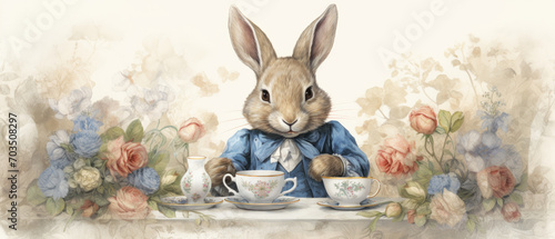 Distinguished Rabbit Enjoying a Floral Tea Time photo