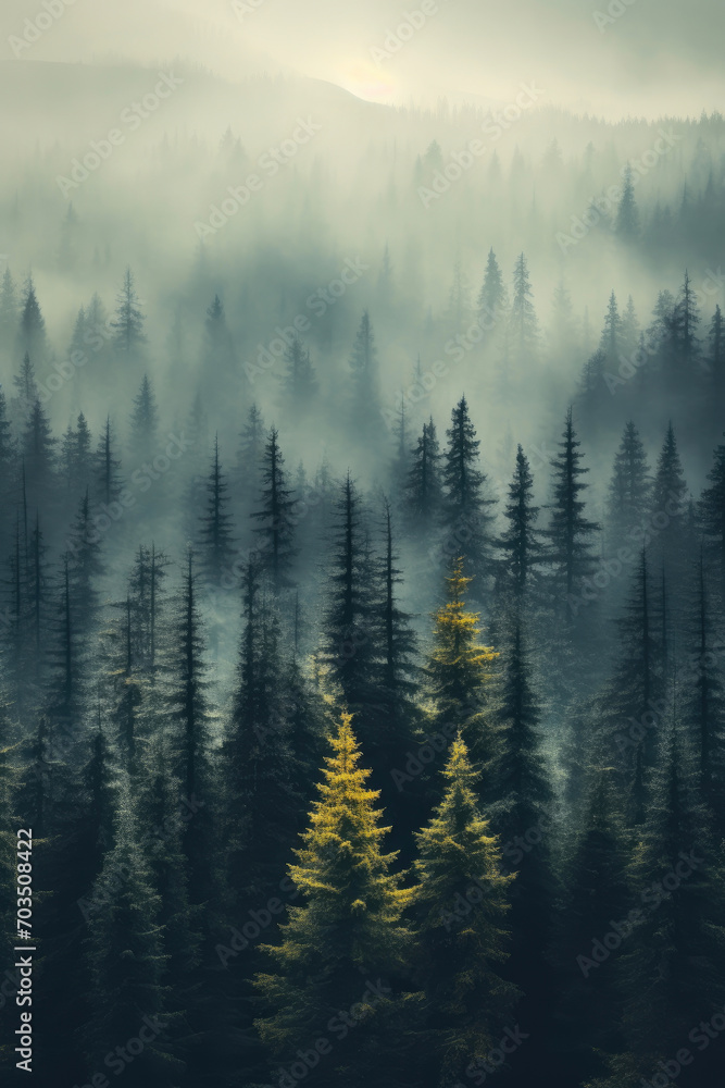 Enigmatic Woodlands: Misty Serenity Amidst Pine