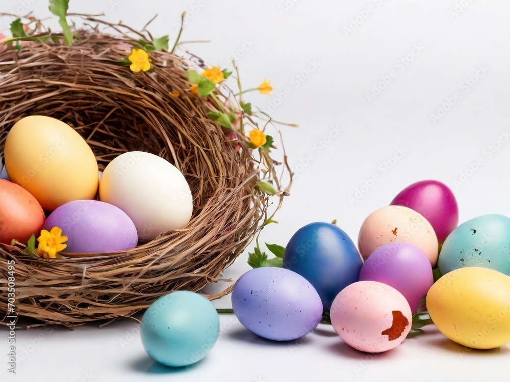 A festive image features a nest with pastel Easter eggs and flowers against a vibrant background, creating a cheerful springtime celebration scene A festive image features a nest with pastel Easter eggs and flowers against a vibrant background, creating a cheerful springtime celebration scene