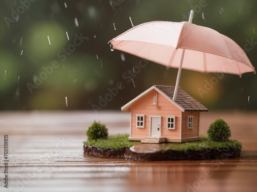 A symbolic image featuring a small wooden house under an umbrella in the rain against a blue background represents the concept of home insurance and protection. Ample copy space is available