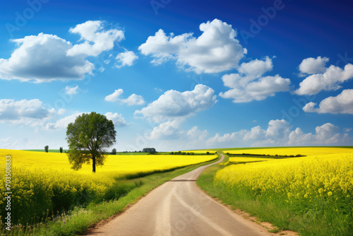 wavy country road in the middle of a canola flower field with white clouds up in the blue sky. AI generated
