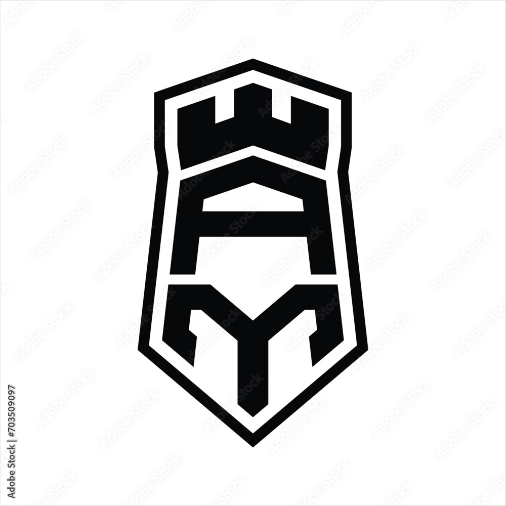 AM Letter Logo monogram hexagon shield shape up and down with crown castle isolated style design AM Letter Logo monogram hexagon shield shape up and down with crown castle isolated style design