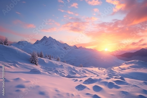 Snow-Cloaked Peaks Embrace Dusk © AIproduction