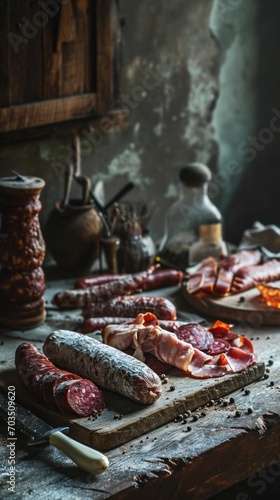 Different types of sausages, salami, and ham