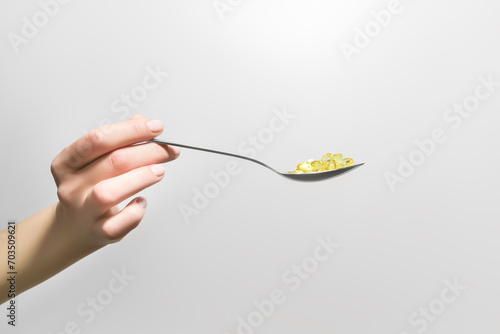 hand holding spoon with yellow fish oil pills on gray background photo
