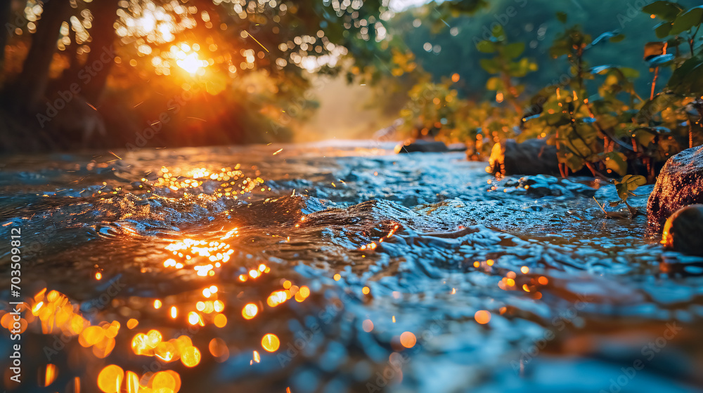 Sunset over a small stream with water splashes and trees in the background Sunset over a small stream with water splashes and trees in the background