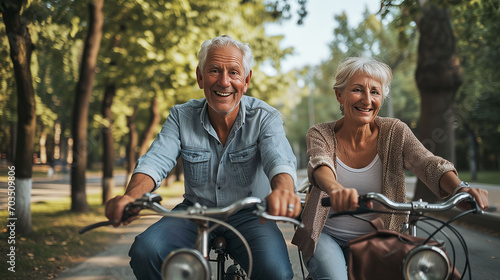 Active Senior Couple Joyfully Cycling Together in a Park - Ideal Elderly Leisure Activity. AI Generated  © tiagozr
