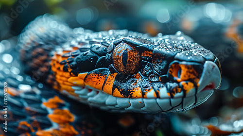 Close up of a black and orange viper snake on the forest floor.