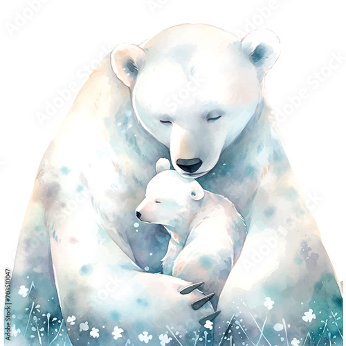 cute polar bear with mother watercolor children's book illustration style on white background