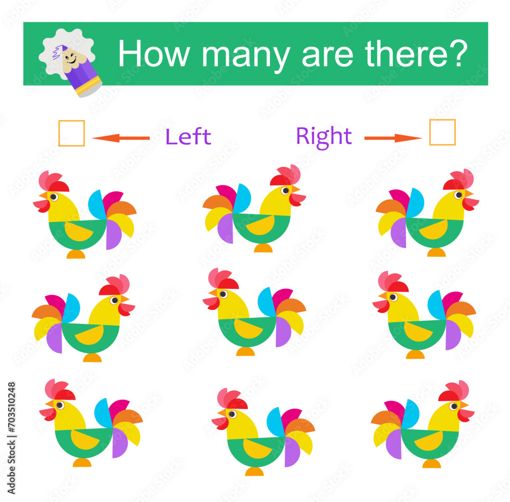 Left or Right. Educational game for kids. Count how many cartoon roosters are turned left and how many are turned right.