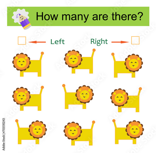 Left or Right. Educational game for kids. Count how many cartoon lions are turned left and how many are turned right.
