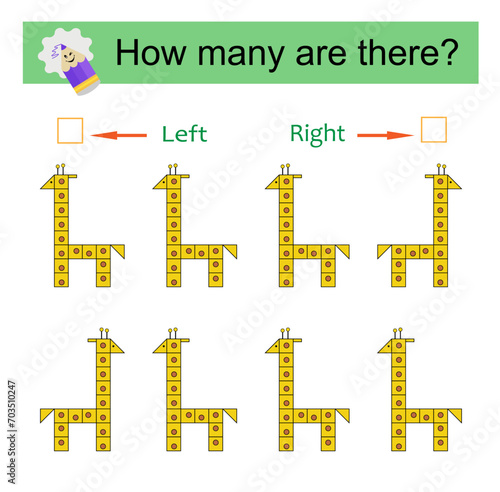 Left or Right. Educational game for kids. Count how many cartoon giraffes are turned left and how many are turned right.