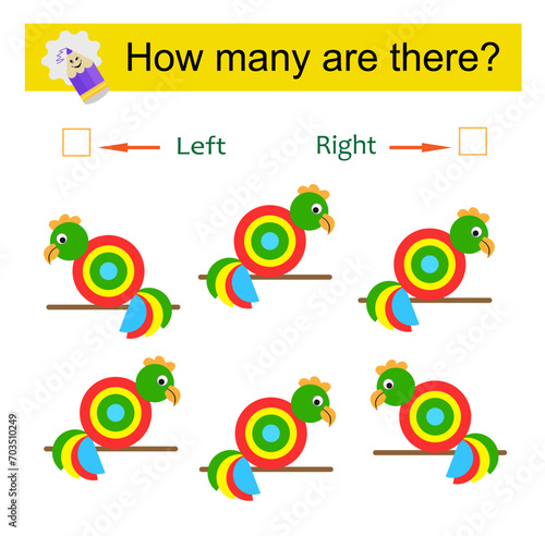 Left or Right. Educational game for kids. Count how many parrots are turned left and how many are turned right.