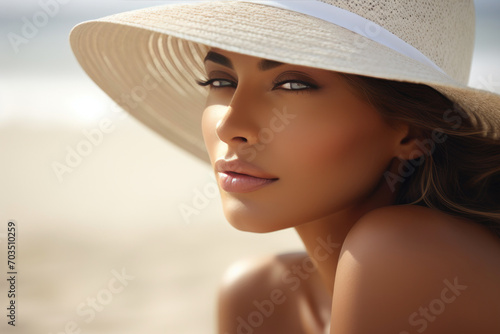 Serene Seaside Reverie: Woman in White Hat