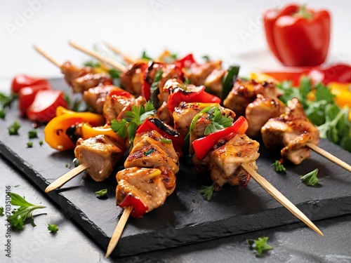 Grill party: juicy chicken skewers with peppers on a light table