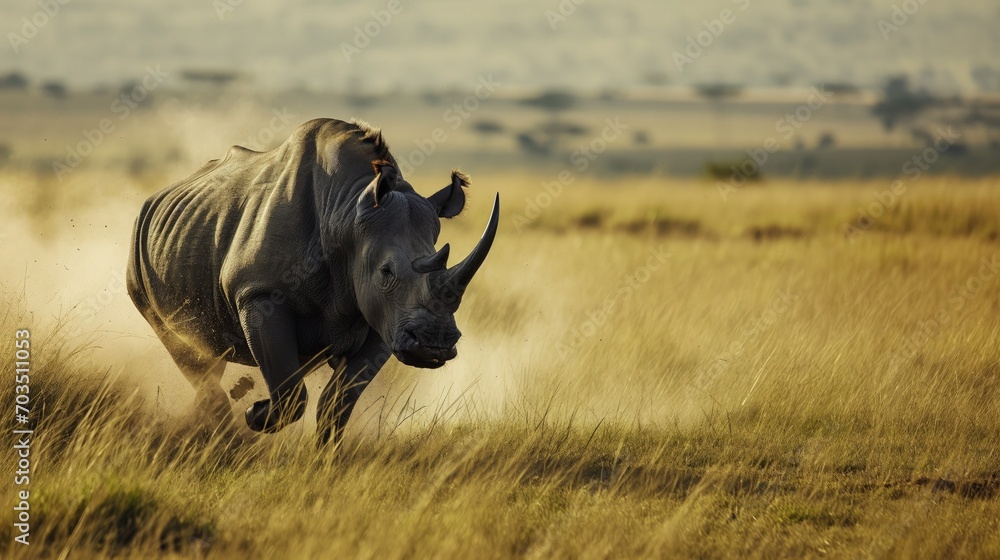 Obraz premium A rhino running through a dry grass field