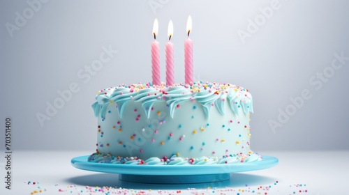 Βirthday cake pastel blue with three candles and colorful sprinkles closeup view. Kids birthday party