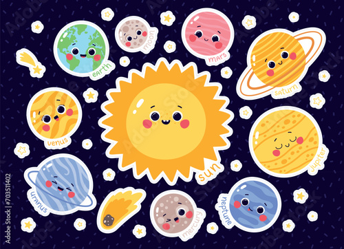 Vector set of cute solar system planets stickers