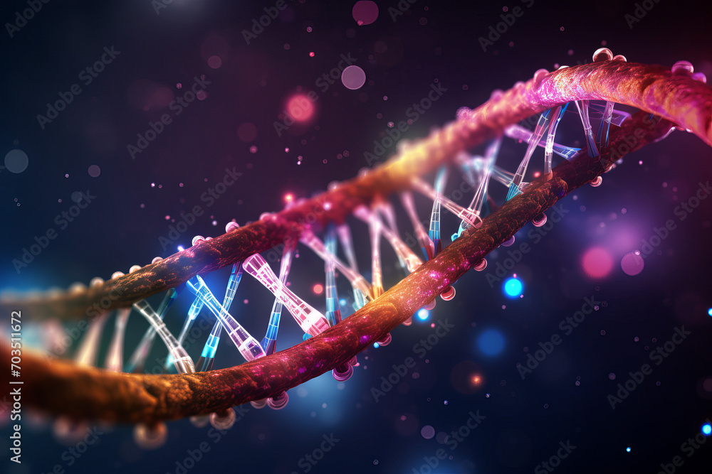 Digitalized DNA Strand in 3D Rendering 3D rendering of a digitalized DNA strand, representing the intersection of genomics and digital technology. AI generative background  - obrazy, fototapety, plakaty 