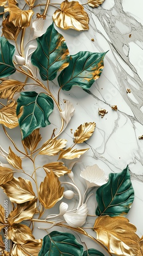 Emerald and gold leaves on white polished marble in the glamour style. Vertical orientation. 