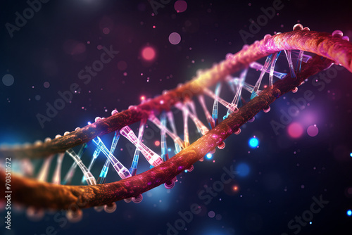 Digitalized DNA Strand in 3D Rendering 3D rendering of a digitalized DNA strand, representing the intersection of genomics and digital technology. AI generative background 