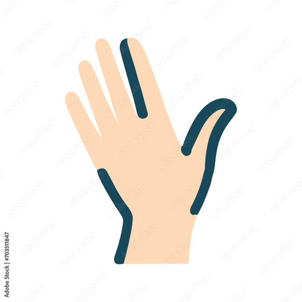 Vector illustration hand graphic, stylized flat icon, showing the back of the palm with fingers spread, shades of blue and beige colors, isolated on white background. Vector illustration hand graphic, stylized flat icon, showing the back of the palm with fingers spread, shades of blue and beige colors, isolated on white background.