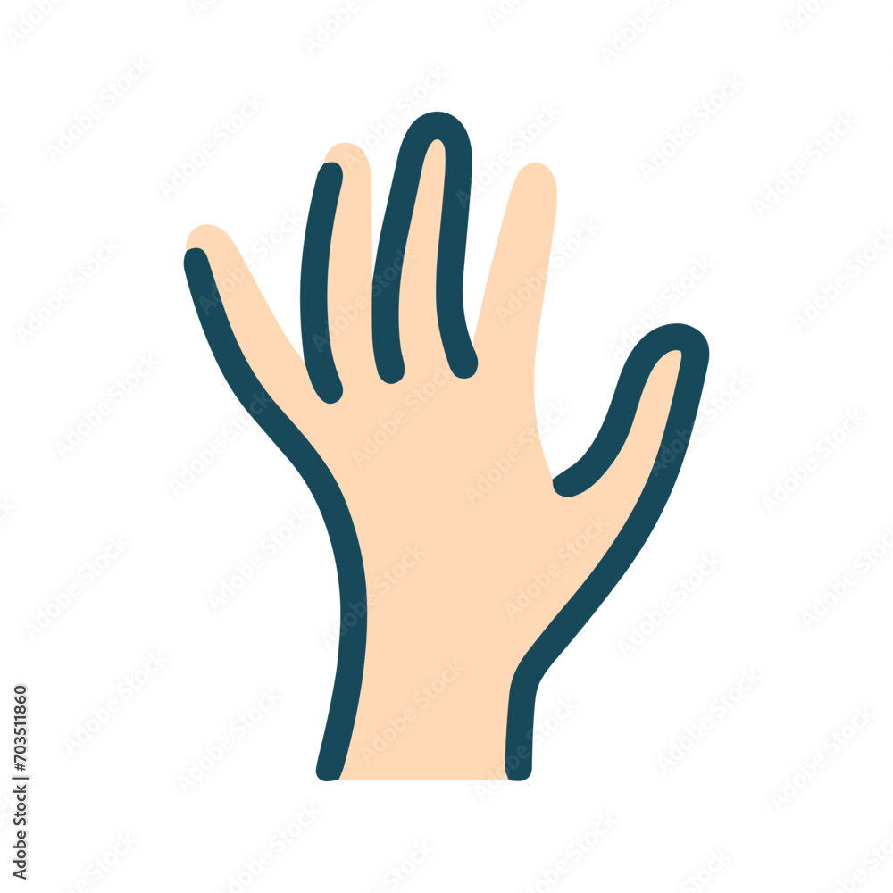 Fototapeta premium Simple vector illustration of a stylized human hand with highlighted outlines, fingers spread to represent an open palm.