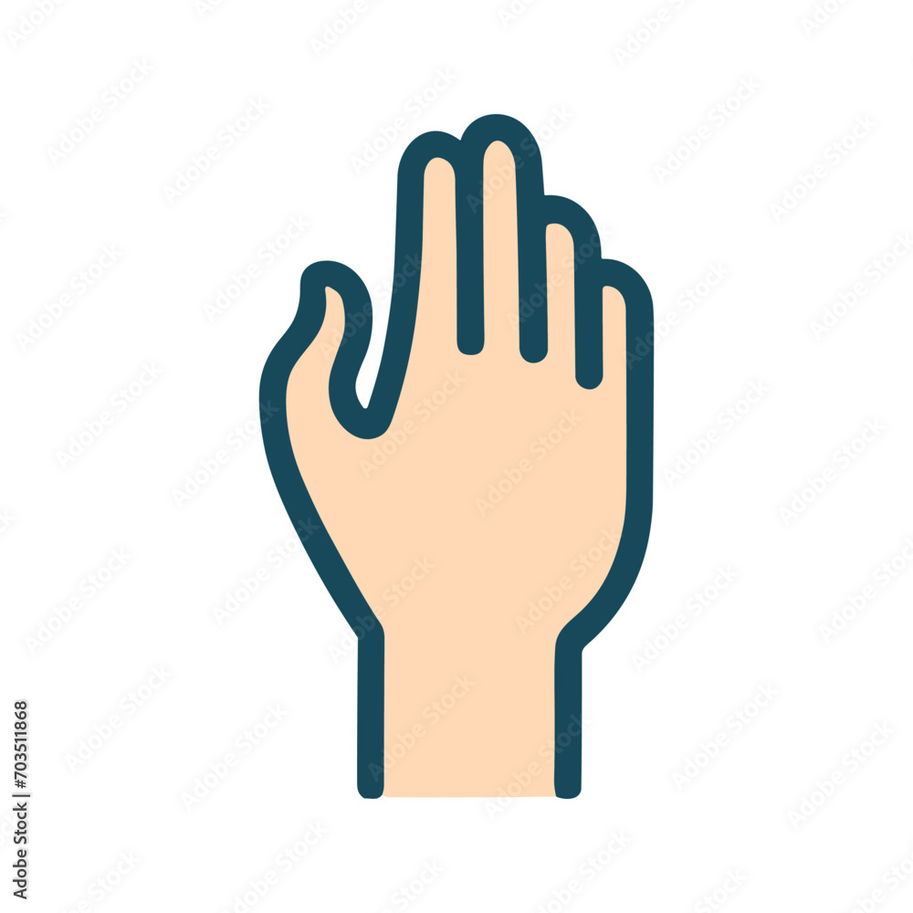 Hand vector icon in flat style with outline and darkened details, raised palm with separated fingers. Hand vector icon in flat style with outline and darkened details, raised palm with separated fingers.